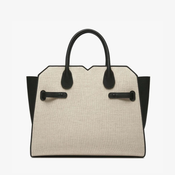 Valextra Milano Canvas Two Handles Medium Bag in Sand Brown and Black | Totes & Top-Handle Bags | Coveti