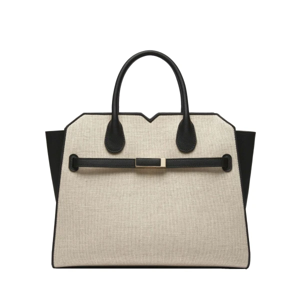 Valextra Milano Canvas Two Handles Medium Bag in Sand Brown and Black | Totes & Top-Handle Bags | Coveti