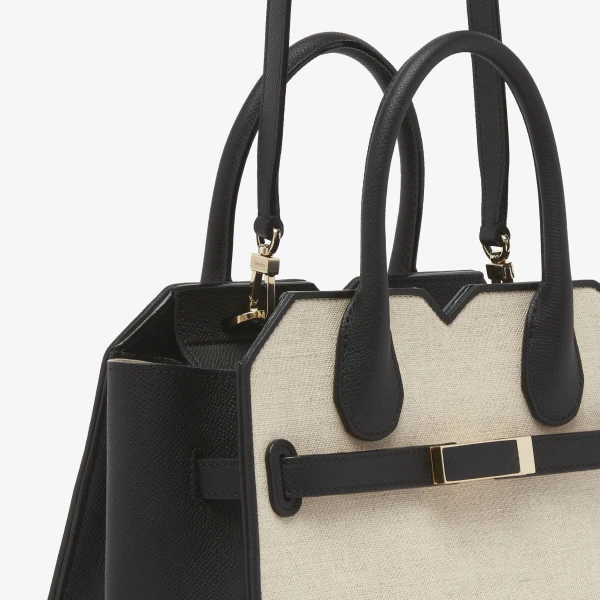 Valextra Milano Canvas Two Handles Mini Bag in Sand Brown and Black | Mini Bags | Coveti