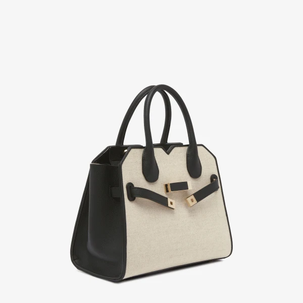 Valextra Milano Canvas Two Handles Mini Bag in Sand Brown and Black | Mini Bags | Coveti