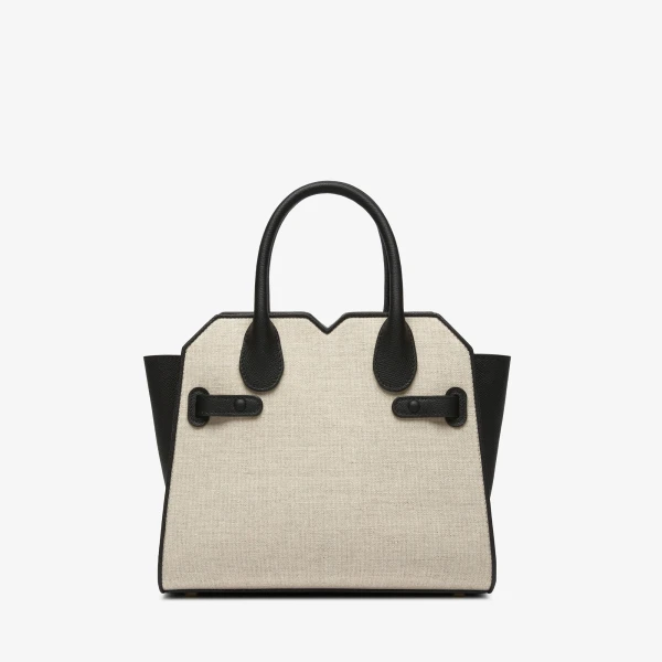 Valextra Milano Canvas Two Handles Mini Bag in Sand Brown and Black | Mini Bags | Coveti