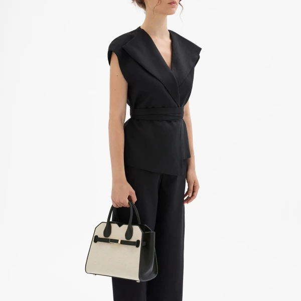 Valextra Milano Canvas Two Handles Mini Bag in Sand Brown and Black | Mini Bags | Coveti