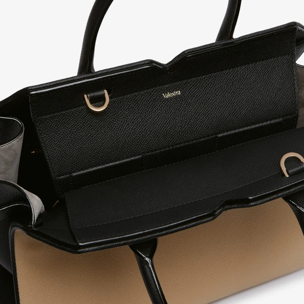 Valextra Milano Chiaroscuro Two Handles Medium Bag in Cashmere Beige and Black | Totes & Top-Handle Bags | Coveti