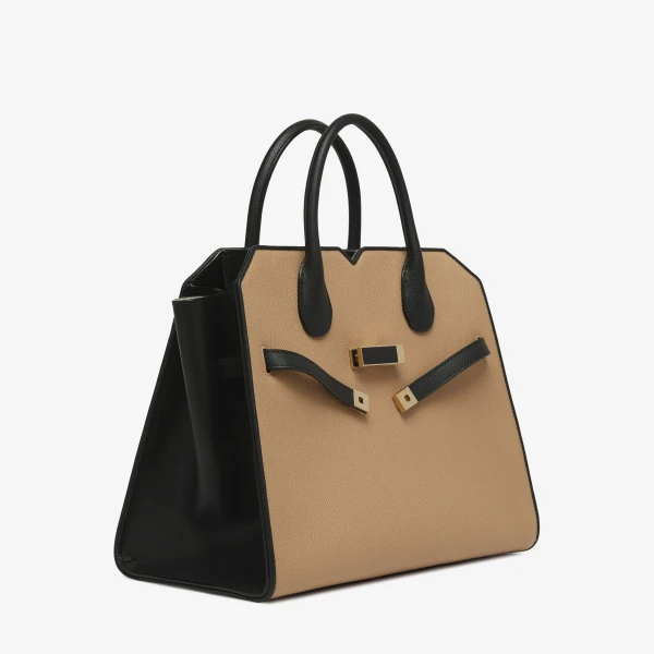 Valextra Milano Chiaroscuro Two Handles Medium Bag in Cashmere Beige and Black | Totes & Top-Handle Bags | Coveti