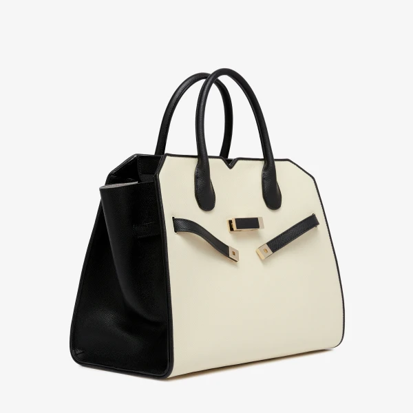 Valextra Milano Chiaroscuro Two Handles Medium Bag in Pergamena White and Black | Totes & Top-Handle Bags | Coveti