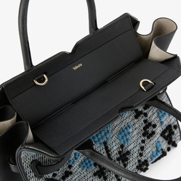 Valextra Milano Flower Pibiones Two Handles Medium Bag in Grey, Niagara Blue and Black | Totes & Top-Handle Bags | Coveti