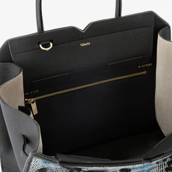 Valextra Milano Flower Pibiones Two Handles Medium Bag in Grey, Niagara Blue and Black | Totes & Top-Handle Bags | Coveti