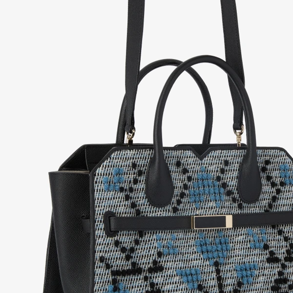 Valextra Milano Flower Pibiones Two Handles Medium Bag in Grey, Niagara Blue and Black | Totes & Top-Handle Bags | Coveti