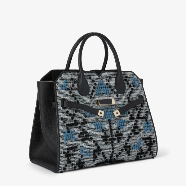 Valextra Milano Flower Pibiones Two Handles Medium Bag in Grey, Niagara Blue and Black | Totes & Top-Handle Bags | Coveti