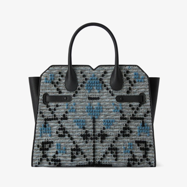 Valextra Milano Flower Pibiones Two Handles Medium Bag in Grey, Niagara Blue and Black | Totes & Top-Handle Bags | Coveti