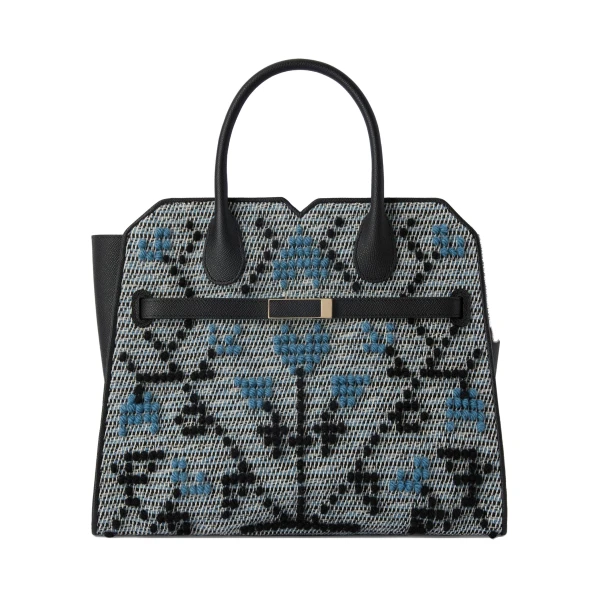 Valextra Milano Flower Pibiones Two Handles Medium Bag in Grey, Niagara Blue and Black | Totes & Top-Handle Bags | Coveti