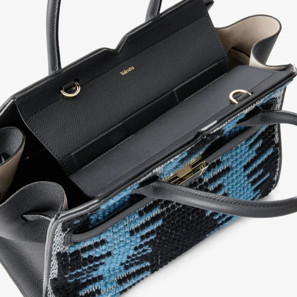 Valextra Milano Sunset Pibiones Two Handles Medium Bag in Black, Niagara Blue and Grey | Totes & Top-Handle Bags | Coveti