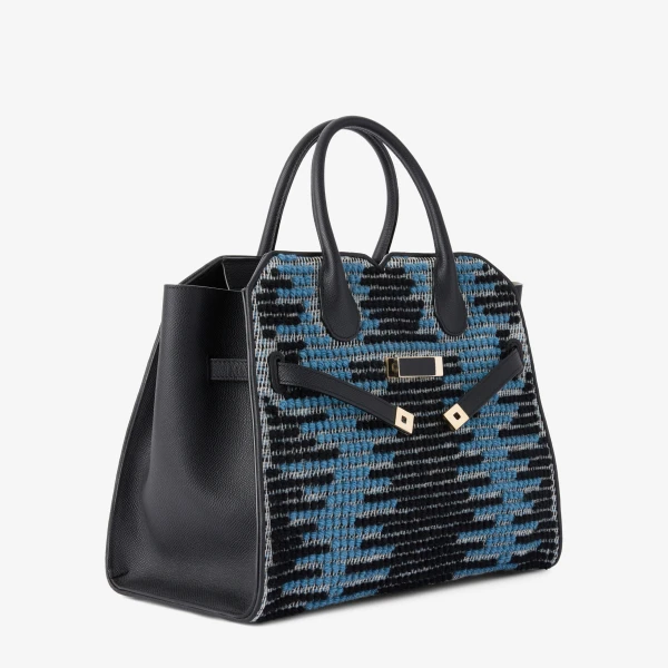 Valextra Milano Sunset Pibiones Two Handles Medium Bag in Black, Niagara Blue and Grey | Totes & Top-Handle Bags | Coveti