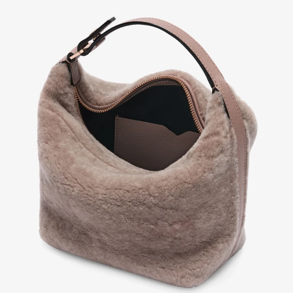 Valextra Mochi Shearling Top Handle Mini Bag in Sahara | Mini Bags | Coveti