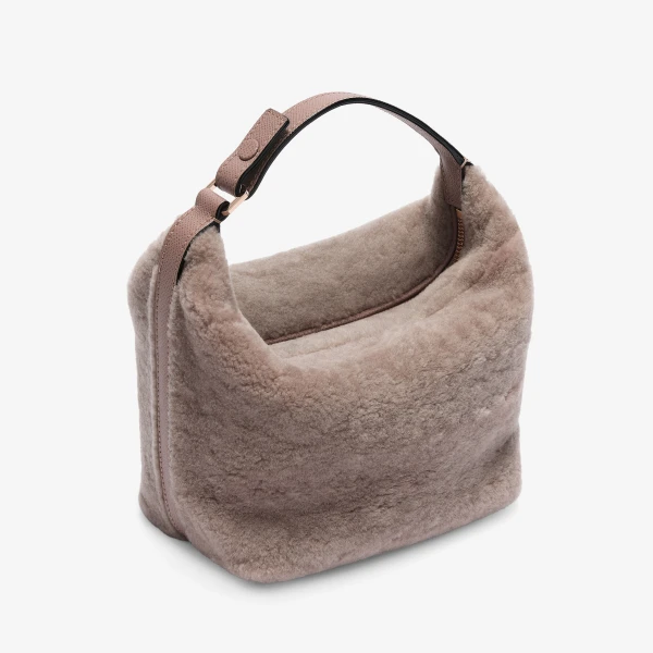 Valextra Mochi Shearling Top Handle Mini Bag in Sahara | Mini Bags | Coveti