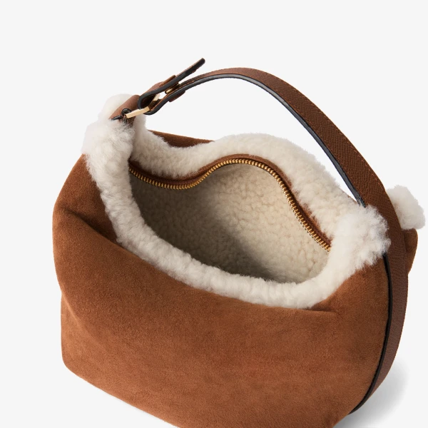 Valextra Mochi Suede Shearling Top Handle Mini Bag in Chocolate Brown | Mini Bags | Coveti