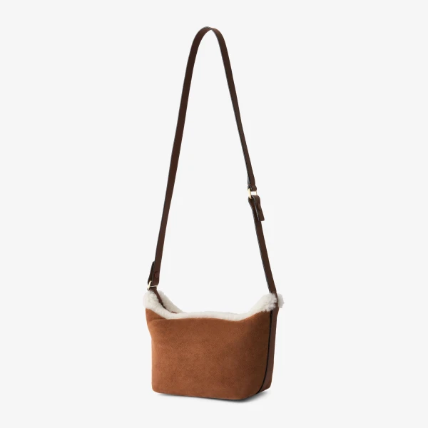 Valextra Mochi Suede Shearling Top Handle Mini Bag in Chocolate Brown | Mini Bags | Coveti