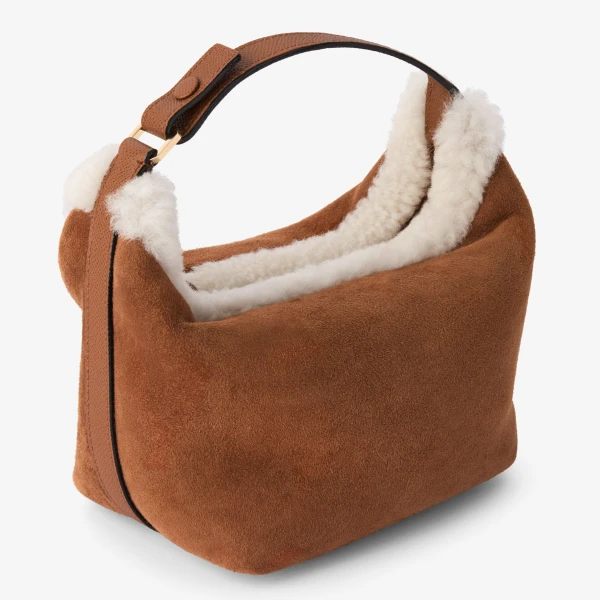 Valextra Mochi Suede Shearling Top Handle Mini Bag in Chocolate Brown | Mini Bags | Coveti
