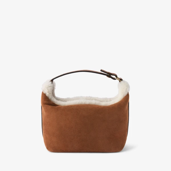 Valextra Mochi Suede Shearling Top Handle Mini Bag in Chocolate Brown | Mini Bags | Coveti