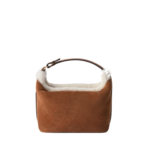 Valextra Mochi Suede Shearling Top Handle Mini Bag in Chocolate Brown | Mini Bags | Coveti