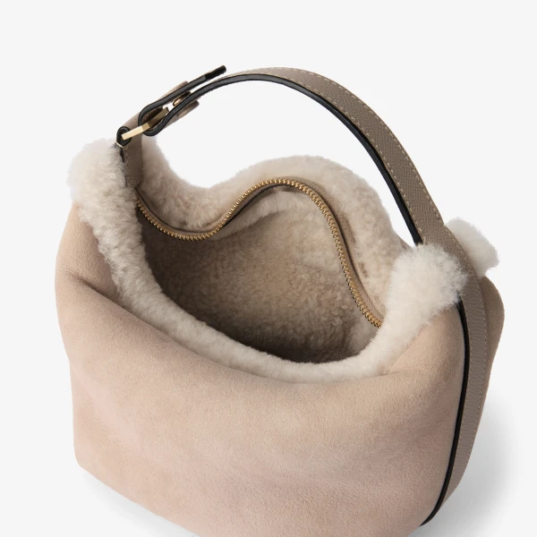 Valextra Mochi Suede Shearling Top Handle Mini Bag in Nude Pink | Mini Bags | Coveti