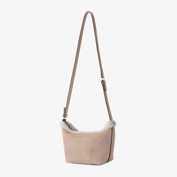 Valextra Mochi Suede Shearling Top Handle Mini Bag in Nude Pink | Mini Bags | Coveti