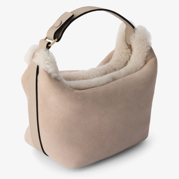 Valextra Mochi Suede Shearling Top Handle Mini Bag in Nude Pink | Mini Bags | Coveti