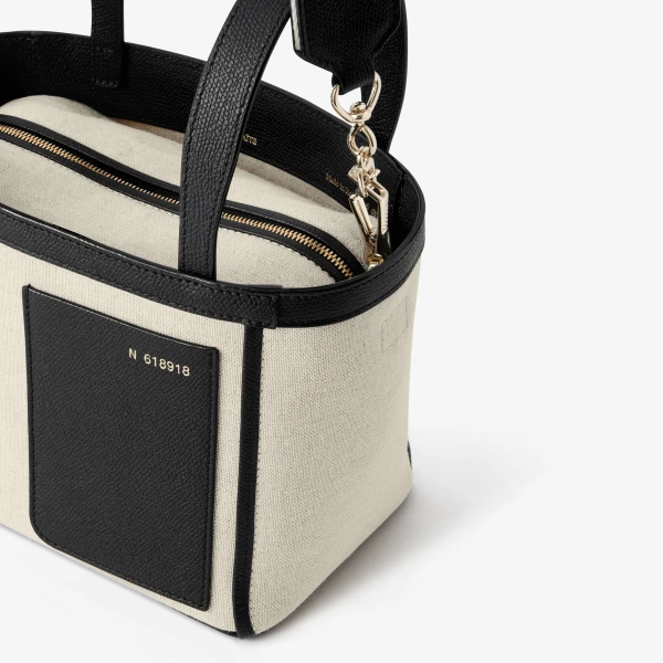 Valextra Soft Canvas Bucket Micro Bag in Sand Brown and Black | Bucket Bags | Coveti