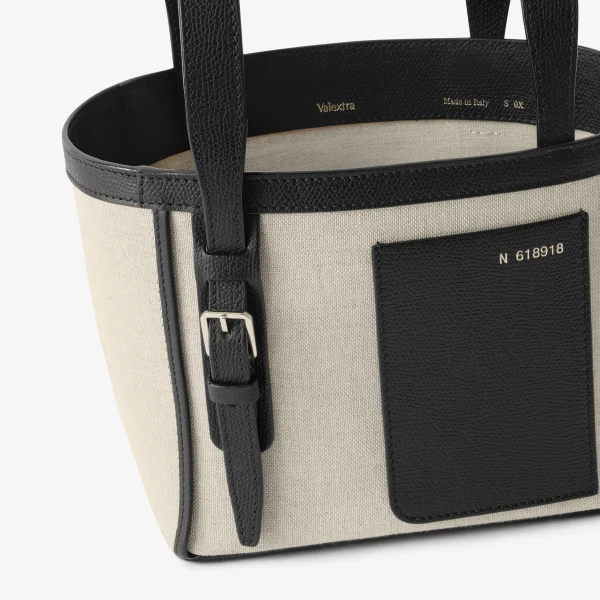 Valextra Soft Canvas Bucket Micro Bag in Sand Brown and Black | Bucket Bags | Coveti