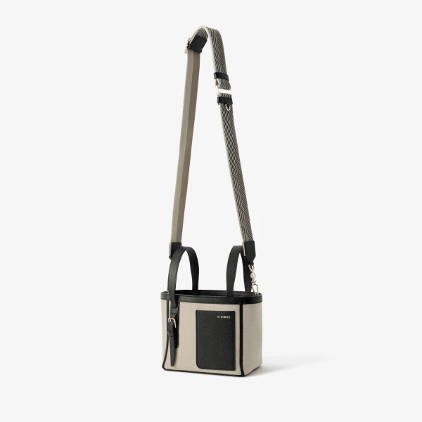 Valextra Soft Canvas Bucket Micro Bag in Sand Brown and Black | Bucket Bags | Coveti