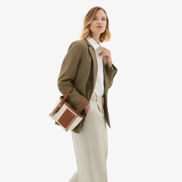 Valextra Soft Canvas Bucket Micro Bag in Sand, Chocolate Brown, Camel Brown and Cashmere Beige | Bucket Bags | Coveti