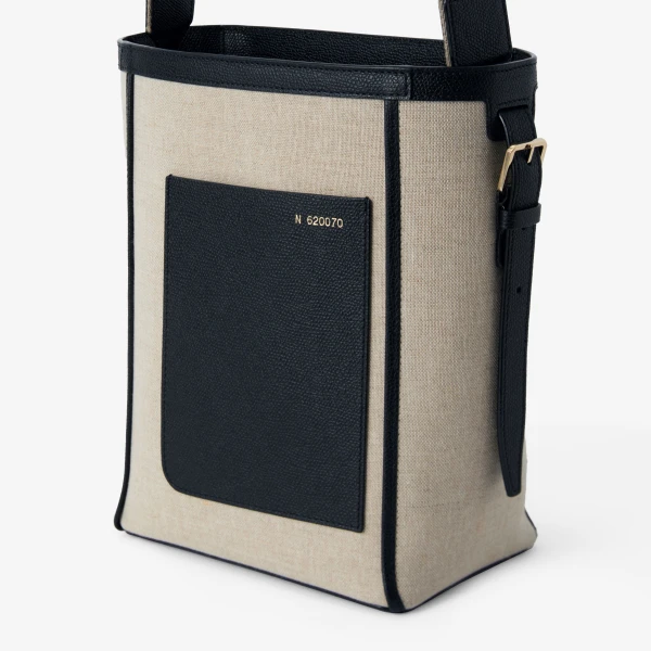 Valextra Soft Canvas Bucket Mini Bag in Sand Brown and Black | Bucket Bags | Coveti