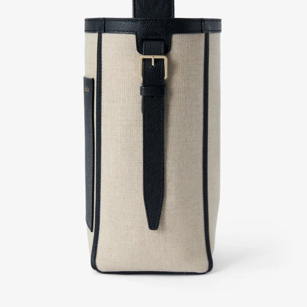 Valextra Soft Canvas Bucket Mini Bag in Sand Brown and Black | Bucket Bags | Coveti