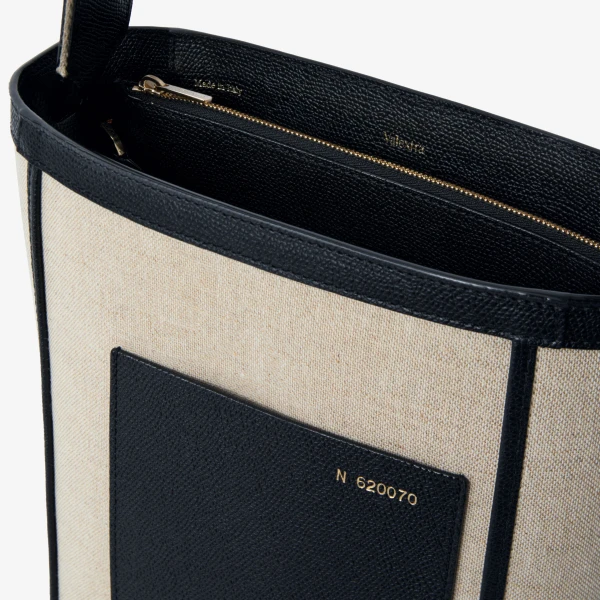 Valextra Soft Canvas Bucket Mini Bag in Sand Brown and Black | Bucket Bags | Coveti