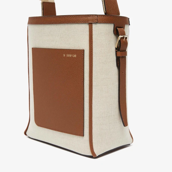Valextra Soft Canvas Bucket Mini Bag in Sand, Chocolate Brown, Camel Brown and Cashmere Beige | Bucket Bags | Coveti