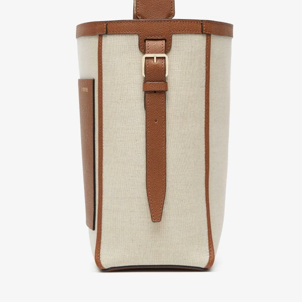 Valextra Soft Canvas Bucket Mini Bag in Sand, Chocolate Brown, Camel Brown and Cashmere Beige | Bucket Bags | Coveti