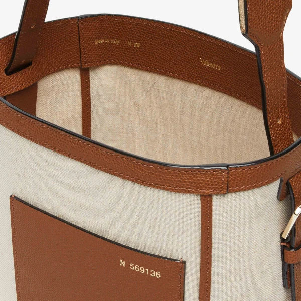 Valextra Soft Canvas Bucket Mini Bag in Sand, Chocolate Brown, Camel Brown and Cashmere Beige | Bucket Bags | Coveti