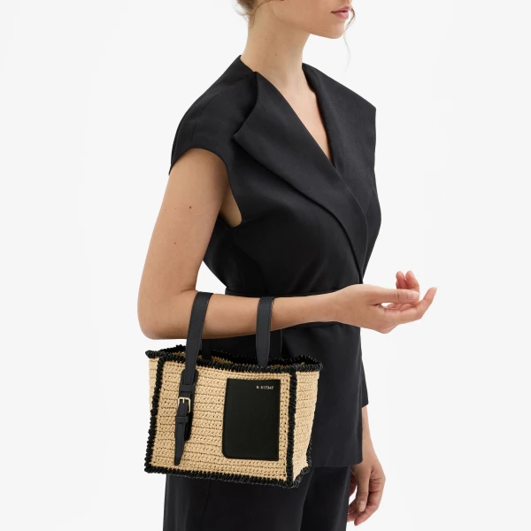 Valextra Soft Raffia Bucket Micro Bag in Beige and Black | Bucket Bags | Coveti