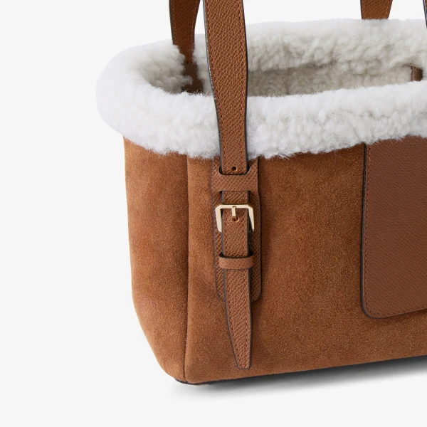 Valextra Soft Suede Shearling Bucket Micro Bag in Chocolate Brown | Bucket Bags | Coveti