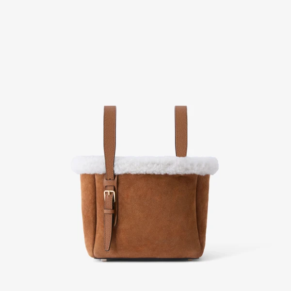 Valextra Soft Suede Shearling Bucket Micro Bag in Chocolate Brown | Bucket Bags | Coveti