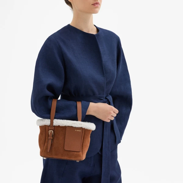 Valextra Soft Suede Shearling Bucket Micro Bag in Chocolate Brown | Bucket Bags | Coveti