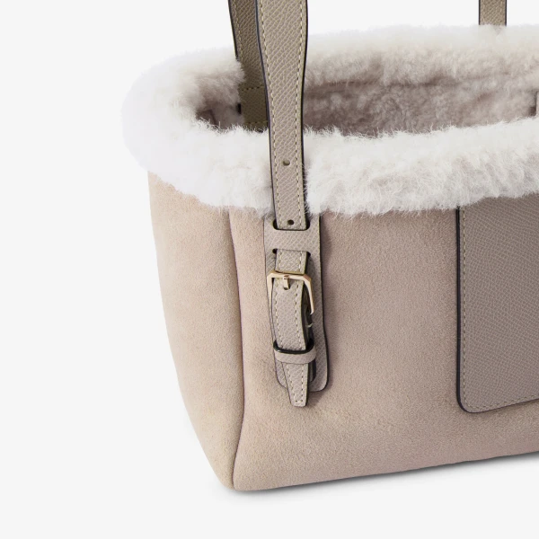 Valextra Soft Suede Shearling Bucket Micro Bag in Nude Pink | Bucket Bags | Coveti
