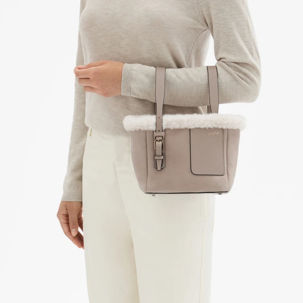 Valextra Soft Suede Shearling Bucket Micro Bag in Nude Pink | Bucket Bags | Coveti