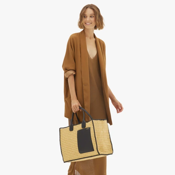 Valextra Soft Tote Raffia Crochet Large Bag in Beige and Black | Totes & Top-Handle Bags | Coveti