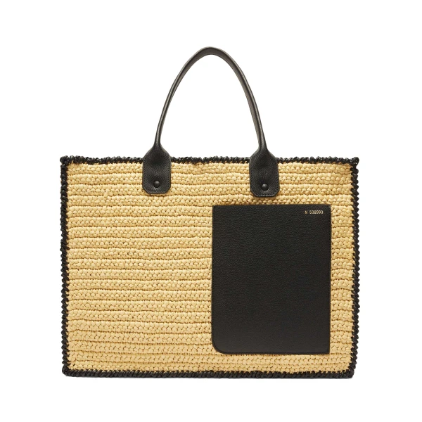 Soft Tote Raffia Crochet Large Bag in Beige and Black