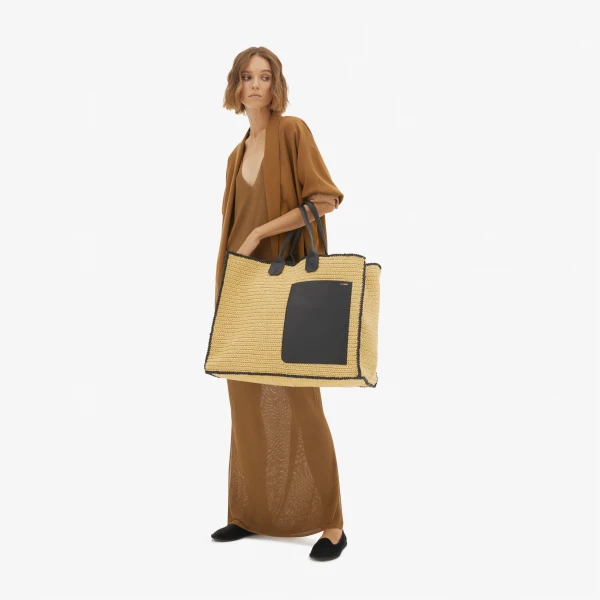 Valextra Soft Tote Raffia Crochet Maxi Bag in Beige and Black | Totes & Top-Handle Bags | Coveti