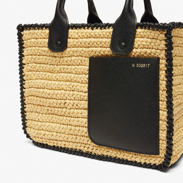 Valextra Soft Tote Raffia Crochet Mini Bag in Beige and Black | Mini Bags | Coveti