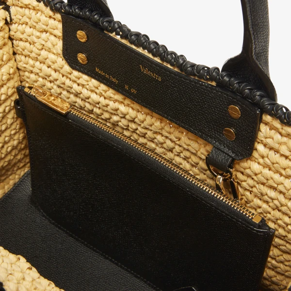 Valextra Soft Tote Raffia Crochet Mini Bag in Beige and Black | Mini Bags | Coveti
