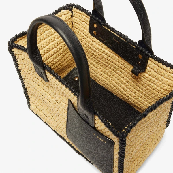 Valextra Soft Tote Raffia Crochet Mini Bag in Beige and Black | Mini Bags | Coveti
