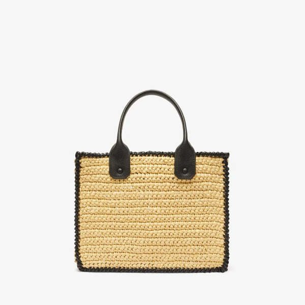 Valextra Soft Tote Raffia Crochet Mini Bag in Beige and Black | Mini Bags | Coveti